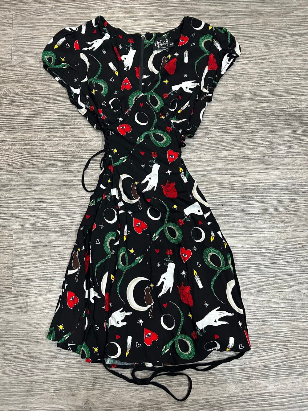 Hell Bunny Occult Gothic Goth Mini Dress Women’s Size S UK 10 Tarot Snake Print